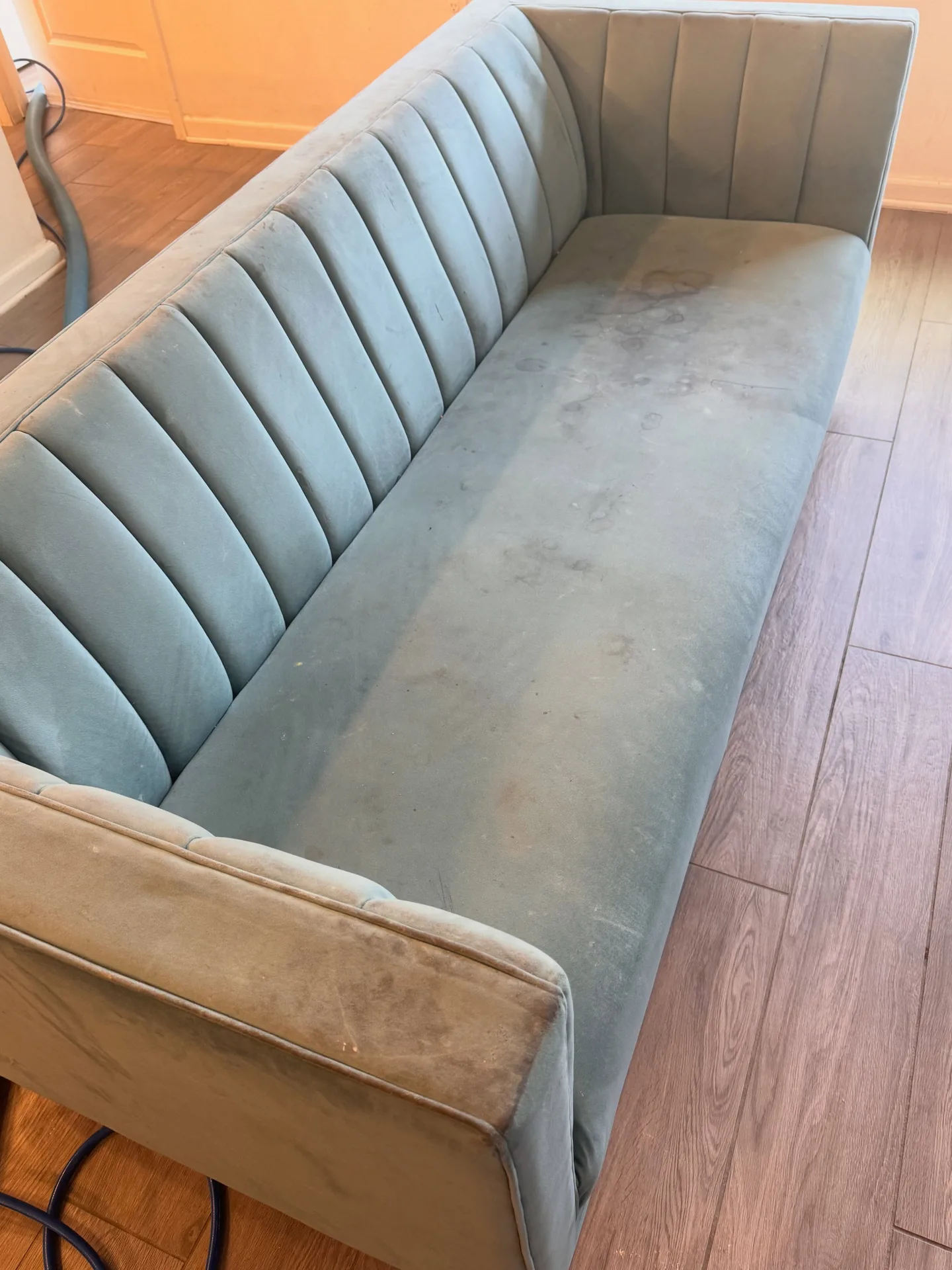 Upholstered sofa seat and back cushions before professional upholstery cleaning by Everglades Cleaning Solution