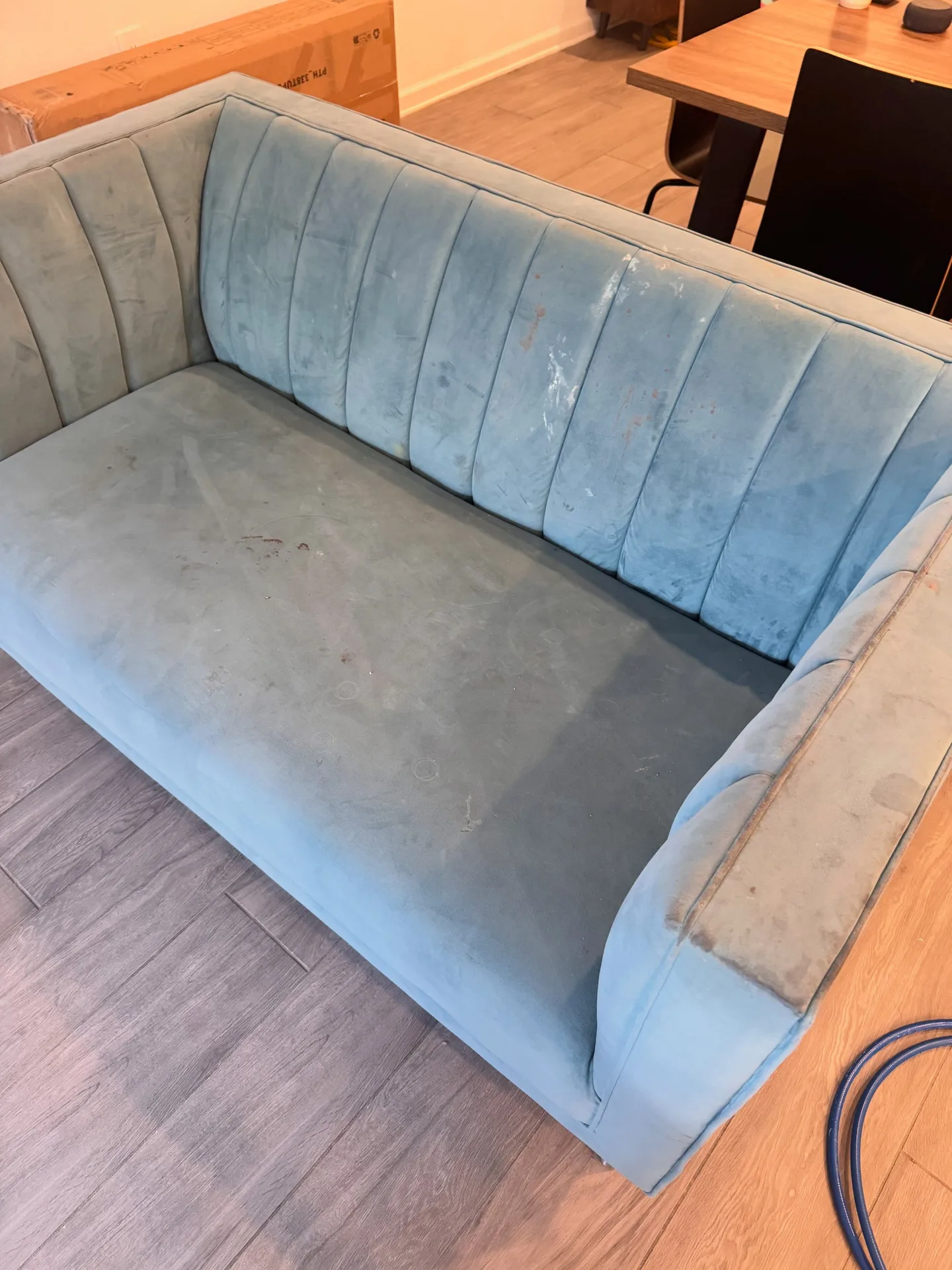 Marked upholstered sofa section before professional upholstery cleaning by Everglades Cleaning Solution