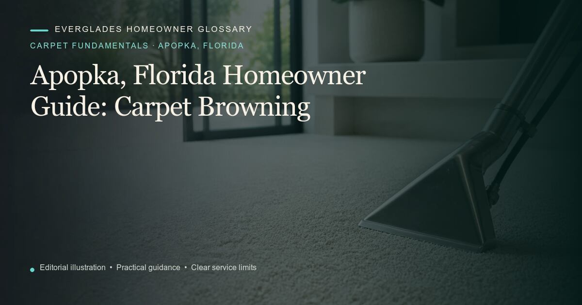 Editorial illustration for Carpet Browning, part of the carpet fundamentals glossary for homeowners in Apopka, Florida.