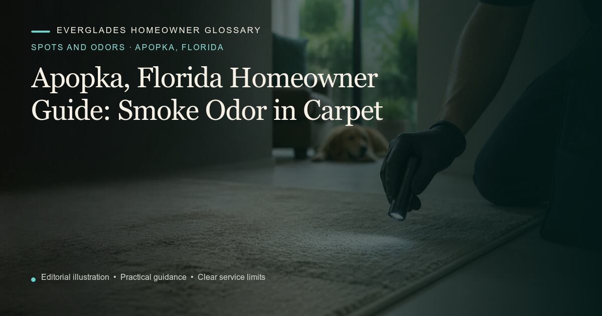 Editorial illustration for Smoke Odor in Carpet, part of the spots and odors glossary for homeowners in Apopka, Florida.