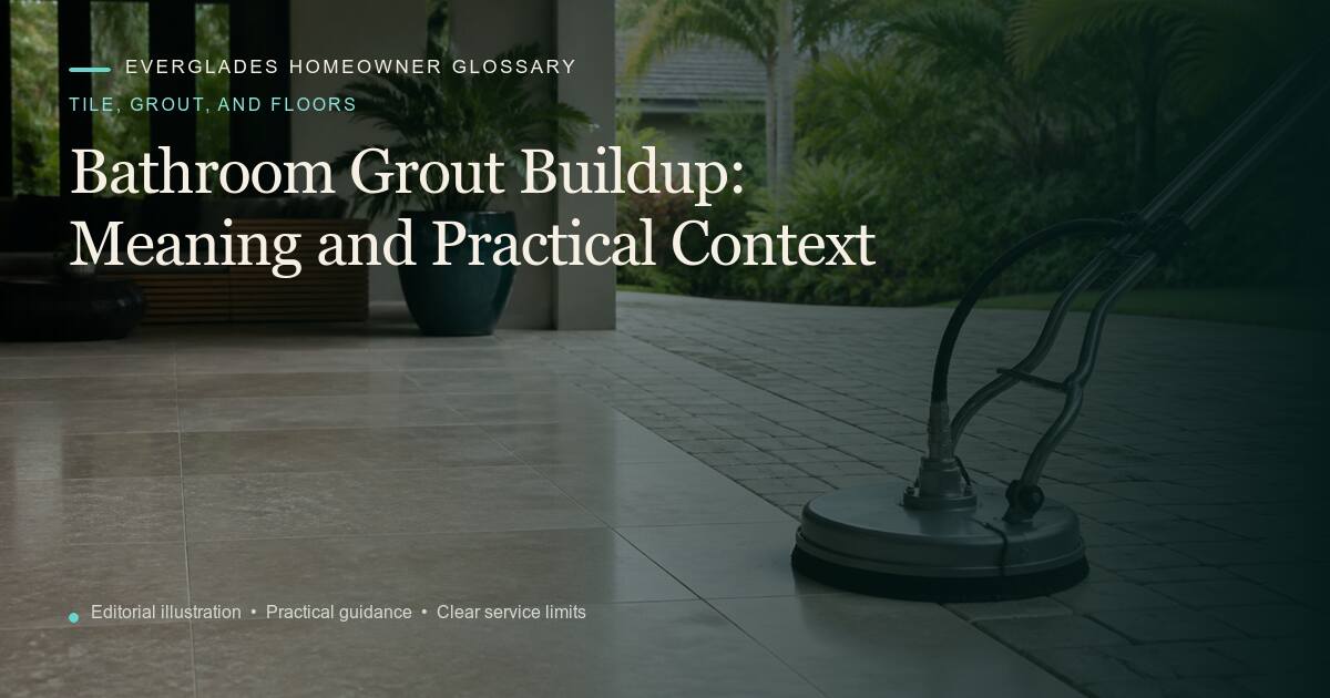 Editorial illustration for Bathroom Grout Buildup, part of the tile, grout, and floors glossary.