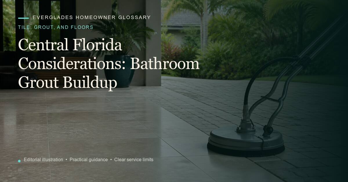 Editorial illustration for Bathroom Grout Buildup, part of the tile, grout, and floors glossary.