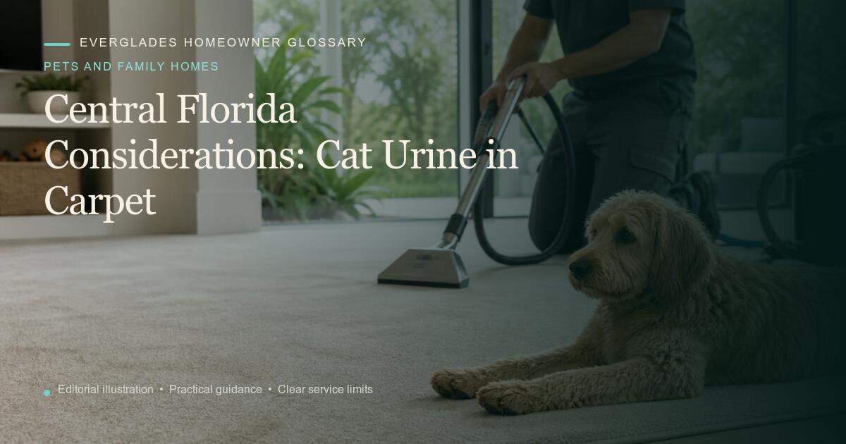 Editorial illustration for Cat Urine in Carpet, part of the pets and family homes glossary.