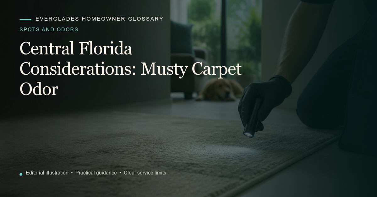 Editorial illustration for Musty Carpet Odor, part of the spots and odors glossary.