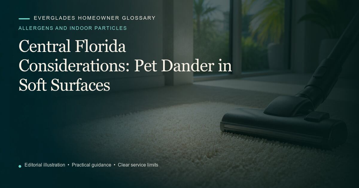 Editorial illustration for Pet Dander in Soft Surfaces, part of the allergens and indoor particles glossary.