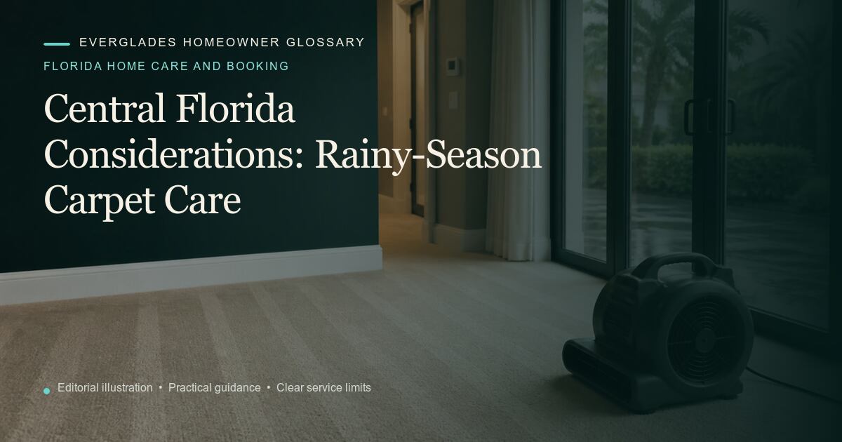 Editorial illustration for Rainy-Season Carpet Care, part of the florida home care and booking glossary.