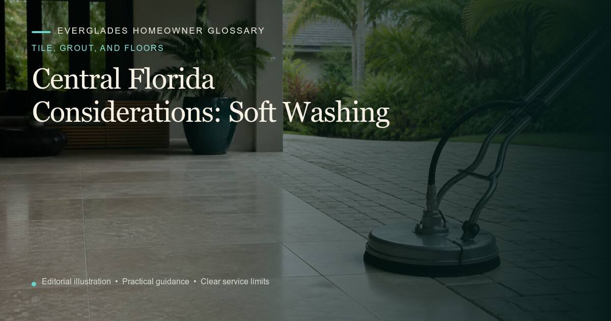 Editorial illustration for Soft Washing, part of the tile, grout, and floors glossary.