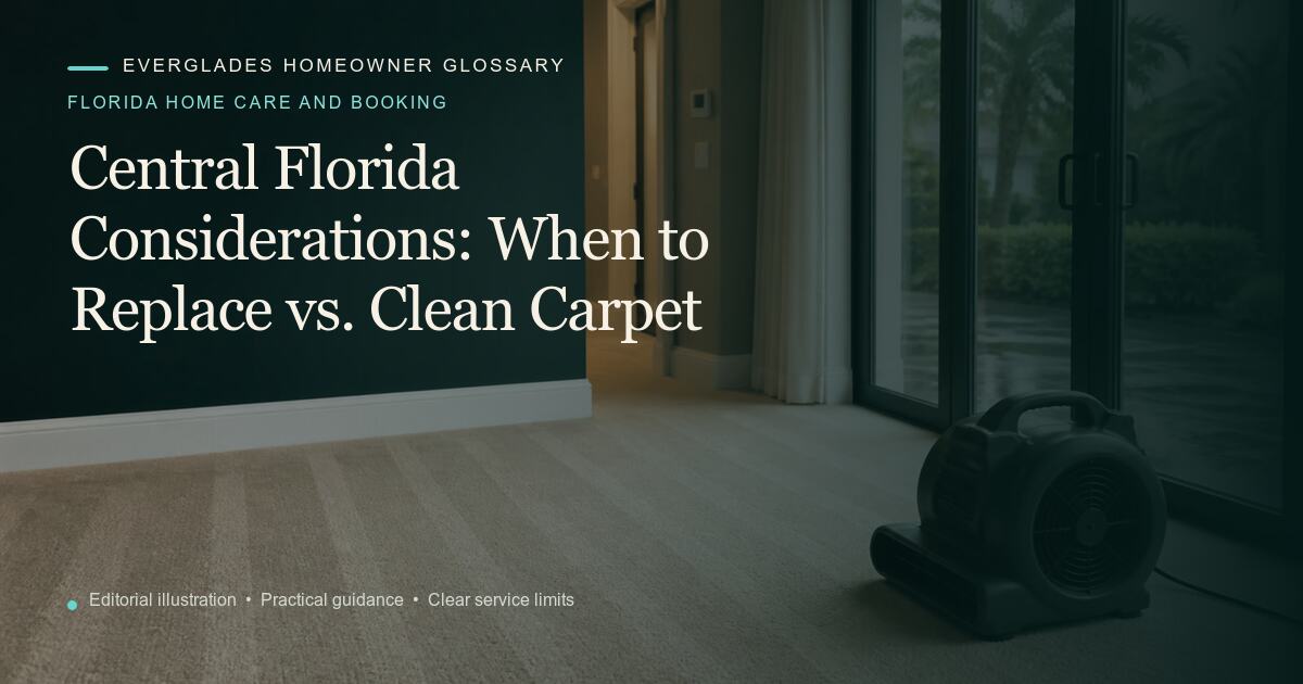 Editorial illustration for When to Replace vs. Clean Carpet, part of the florida home care and booking glossary.