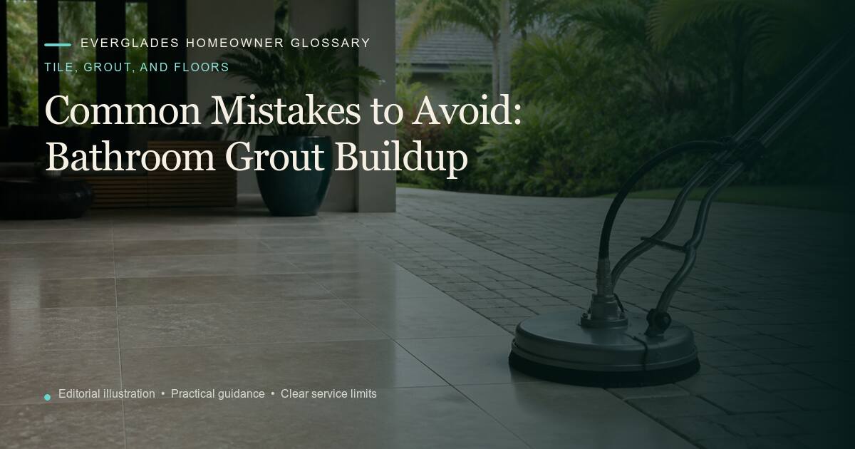 Editorial illustration for Bathroom Grout Buildup, part of the tile, grout, and floors glossary.