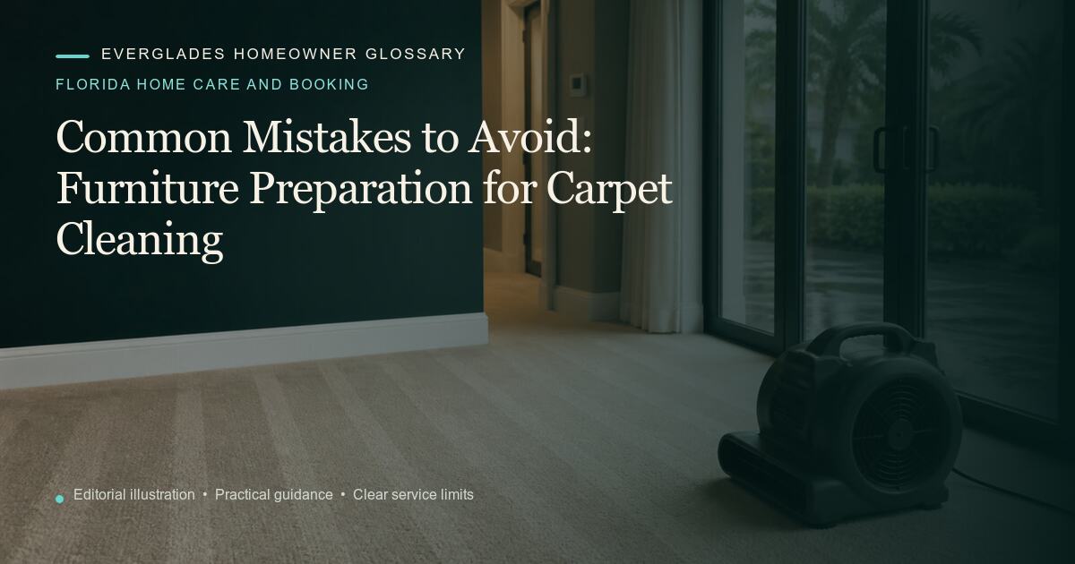 Editorial illustration for Furniture Preparation for Carpet Cleaning, part of the florida home care and booking glossary.