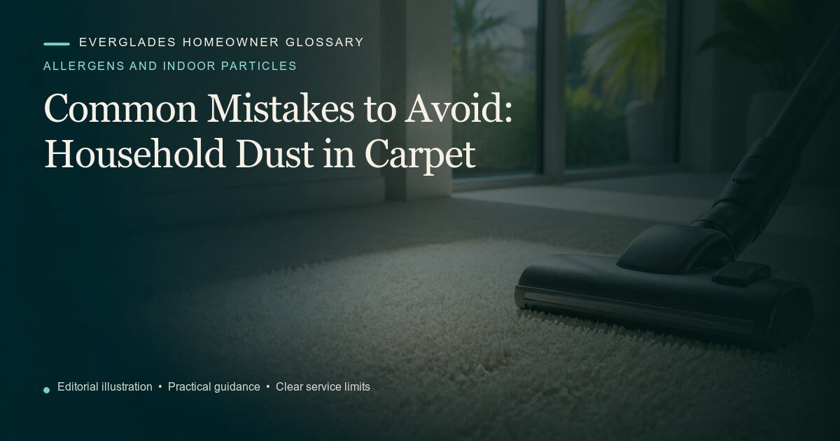 Editorial illustration for Household Dust in Carpet, part of the allergens and indoor particles glossary.