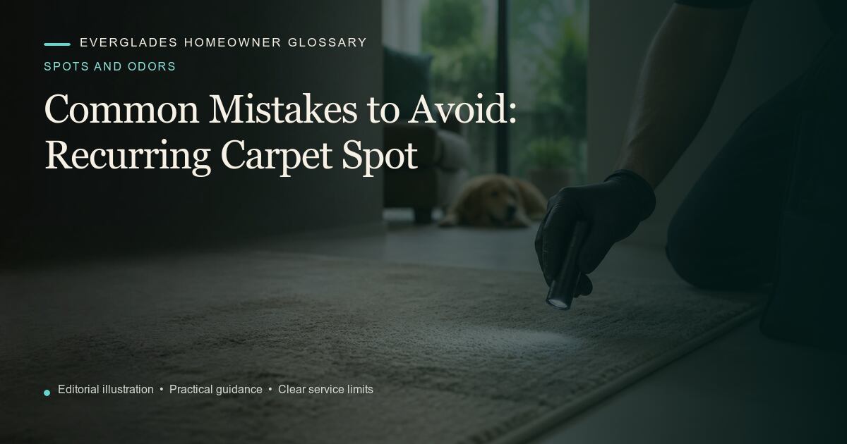 Editorial illustration for Recurring Carpet Spot, part of the spots and odors glossary.