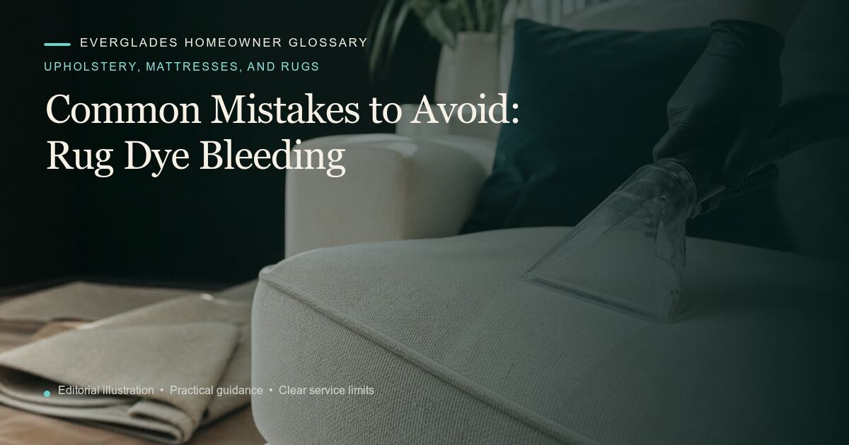 Editorial illustration for Rug Dye Bleeding, part of the upholstery, mattresses, and rugs glossary.