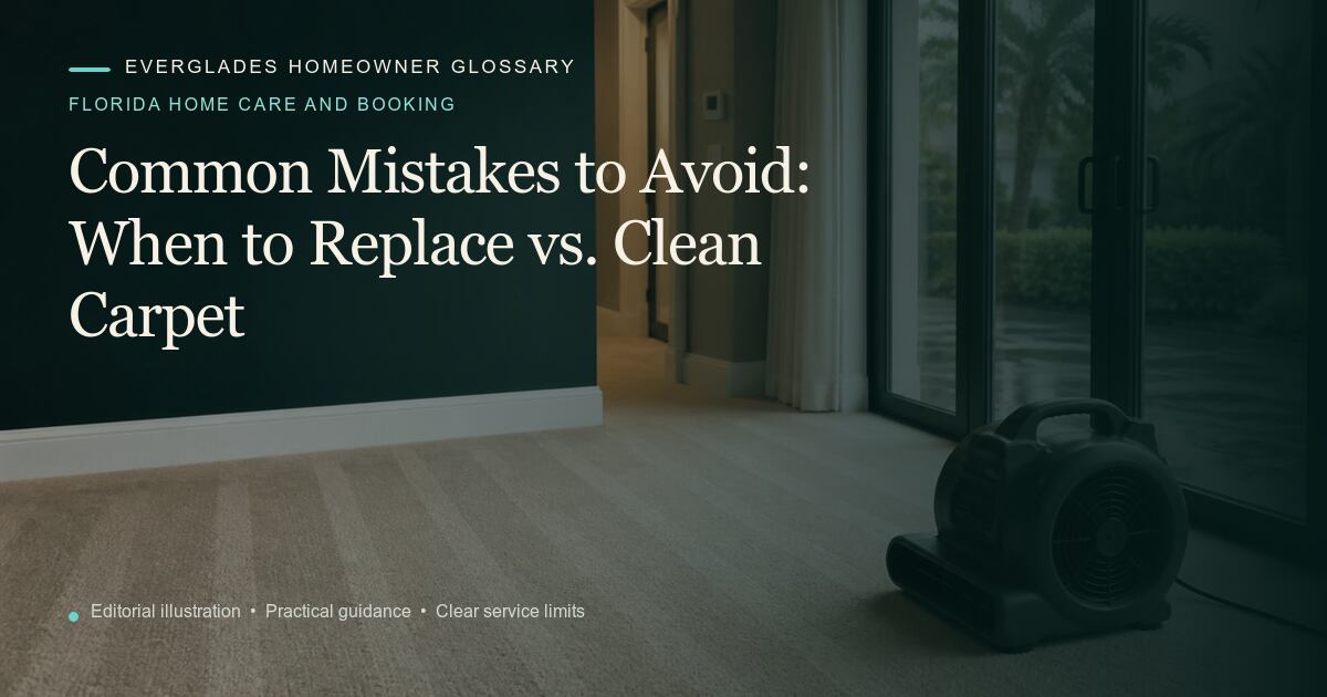 Editorial illustration for When to Replace vs. Clean Carpet, part of the florida home care and booking glossary.