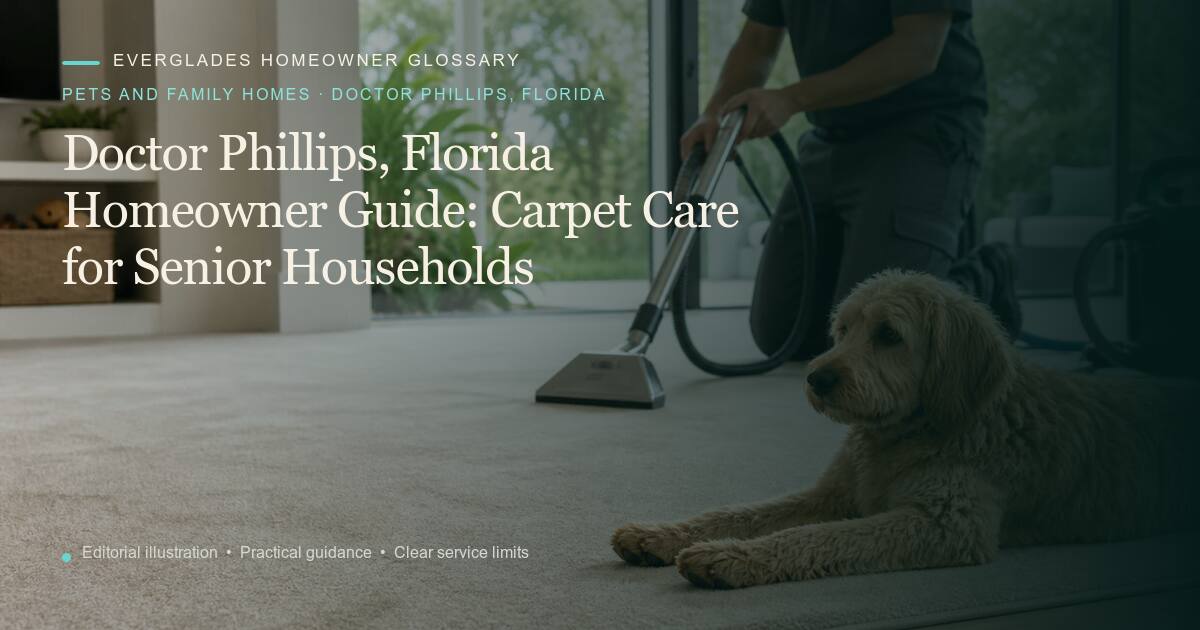 Editorial illustration for Carpet Care for Senior Households, part of the pets and family homes glossary for homeowners in Doctor Phillips, Florida.