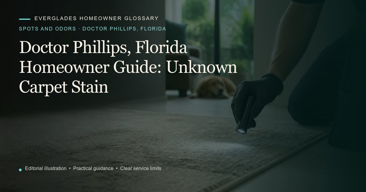 Editorial illustration for Unknown Carpet Stain, part of the spots and odors glossary for homeowners in Doctor Phillips, Florida.