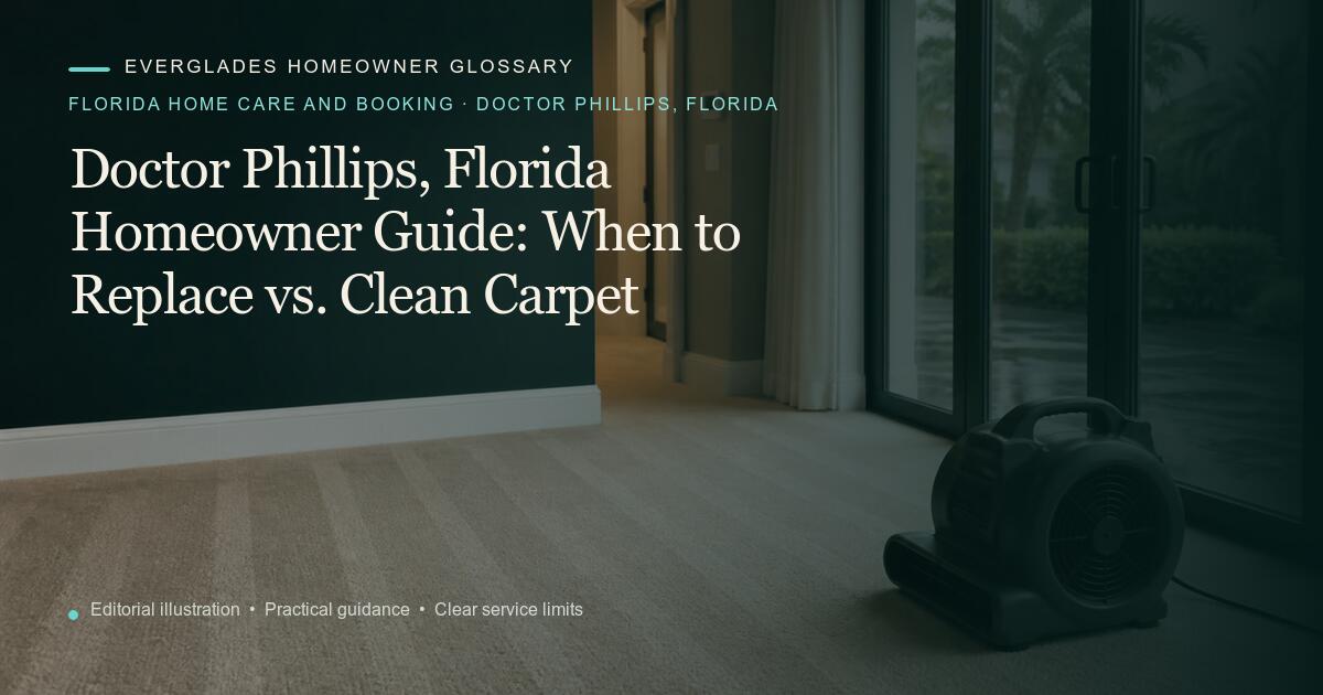 Editorial illustration for When to Replace vs. Clean Carpet, part of the florida home care and booking glossary for homeowners in Doctor Phillips, Florida.