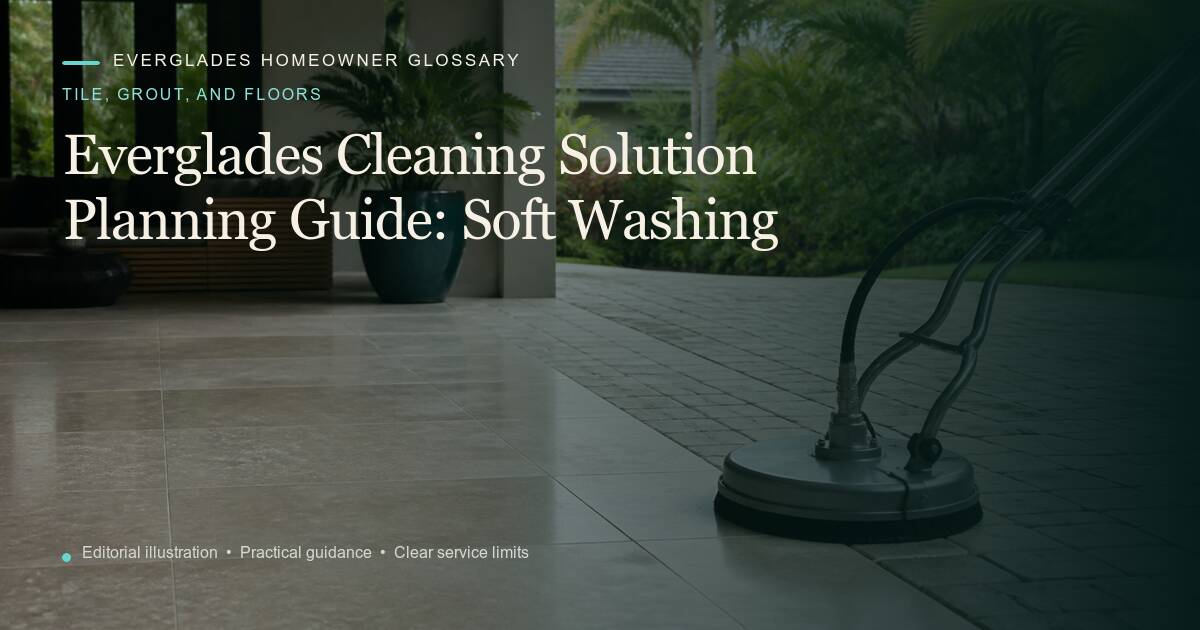 Editorial illustration for Soft Washing, part of the tile, grout, and floors glossary.