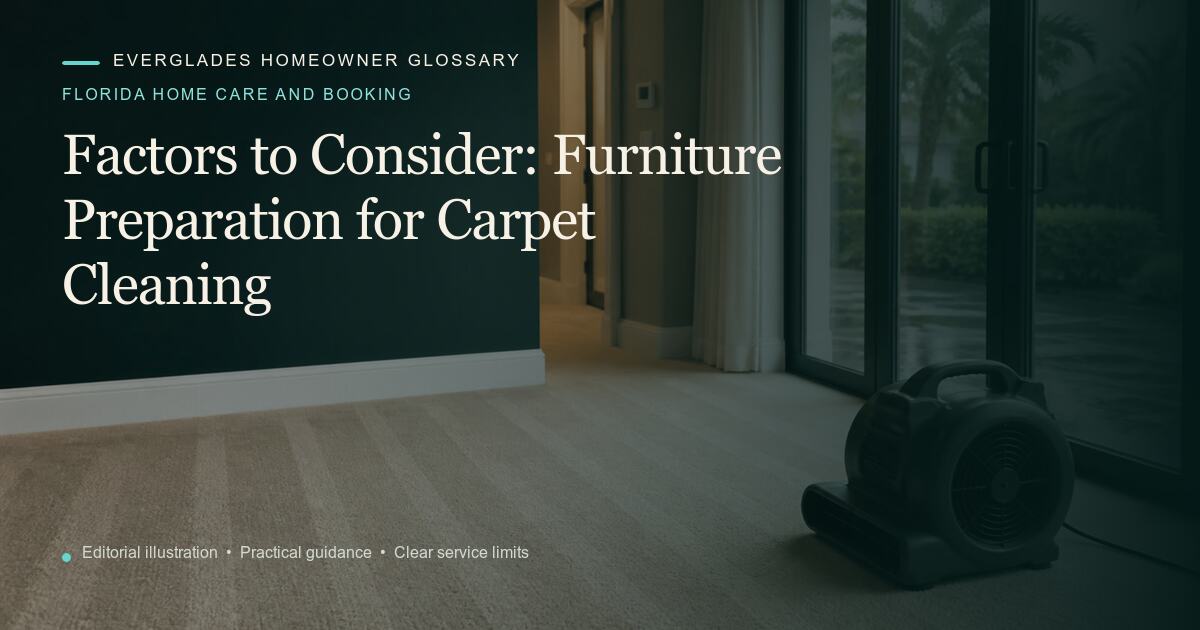 Editorial illustration for Furniture Preparation for Carpet Cleaning, part of the florida home care and booking glossary.