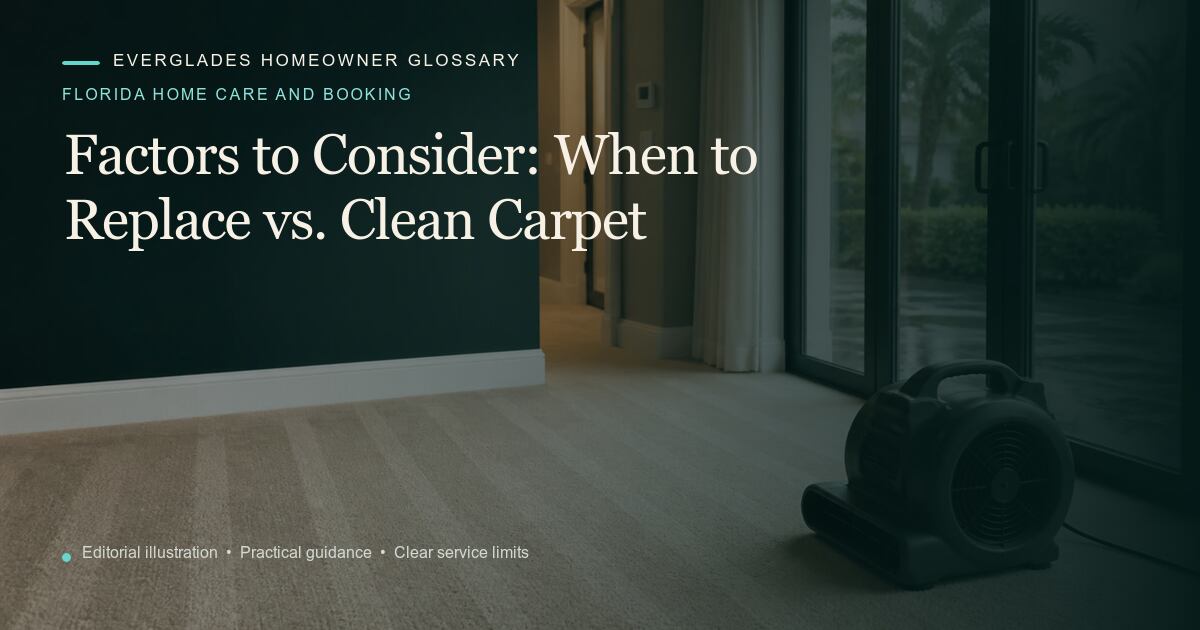 Editorial illustration for When to Replace vs. Clean Carpet, part of the florida home care and booking glossary.