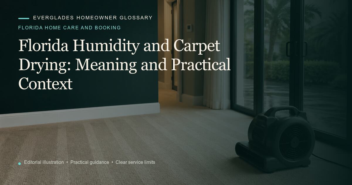 Editorial illustration for Florida Humidity and Carpet Drying, part of the florida home care and booking glossary.