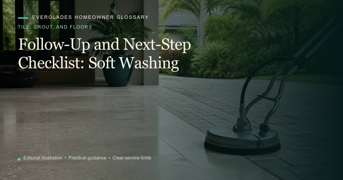 Editorial illustration for Soft Washing, part of the tile, grout, and floors glossary.