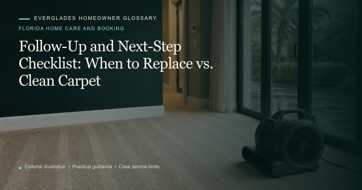 Editorial illustration for When to Replace vs. Clean Carpet, part of the florida home care and booking glossary.