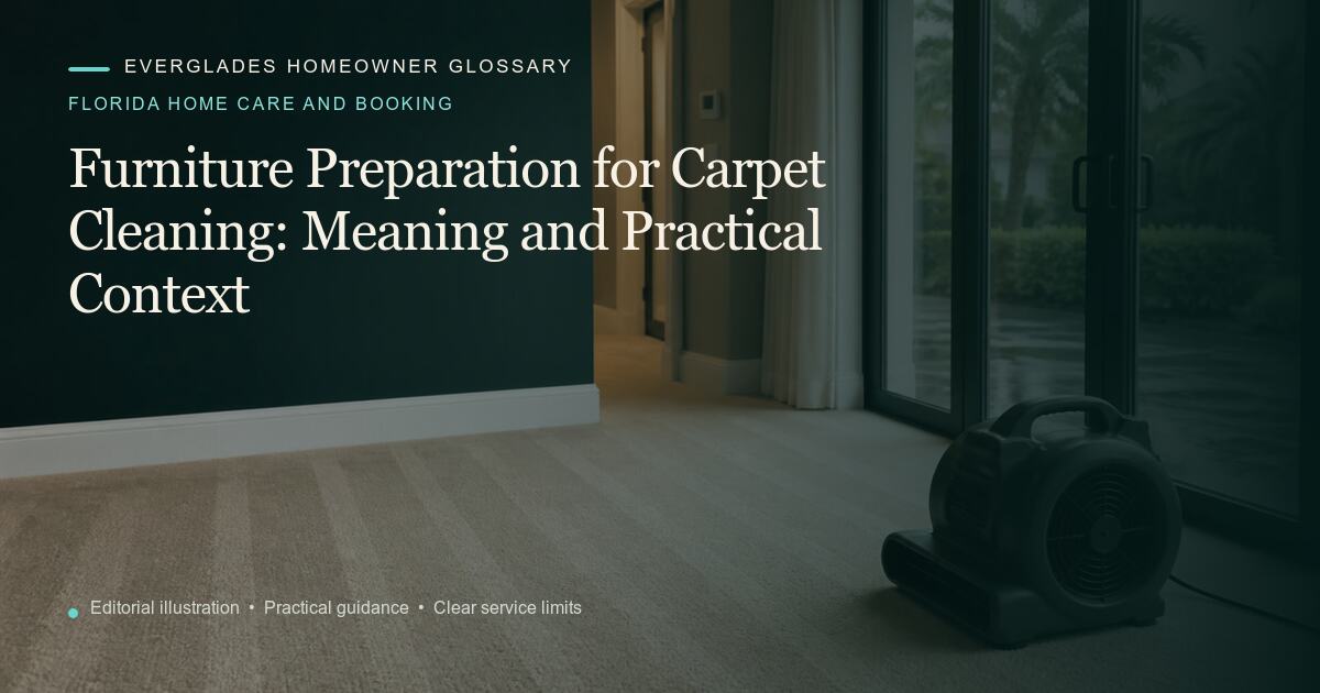 Editorial illustration for Furniture Preparation for Carpet Cleaning, part of the florida home care and booking glossary.