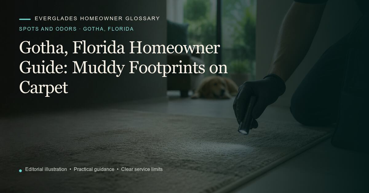 Editorial illustration for Muddy Footprints on Carpet, part of the spots and odors glossary for homeowners in Gotha, Florida.