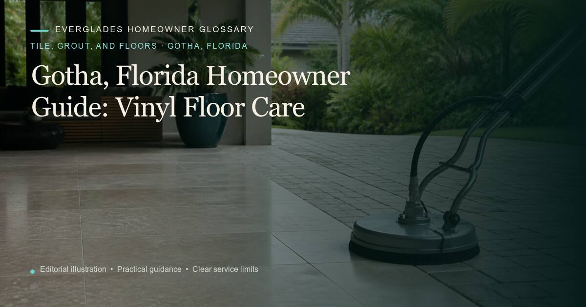Editorial illustration for Vinyl Floor Care, part of the tile, grout, and floors glossary for homeowners in Gotha, Florida.