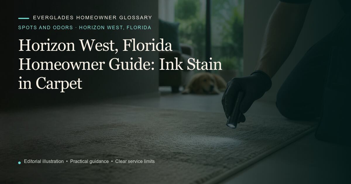 Editorial illustration for Ink Stain in Carpet, part of the spots and odors glossary for homeowners in Horizon West, Florida.