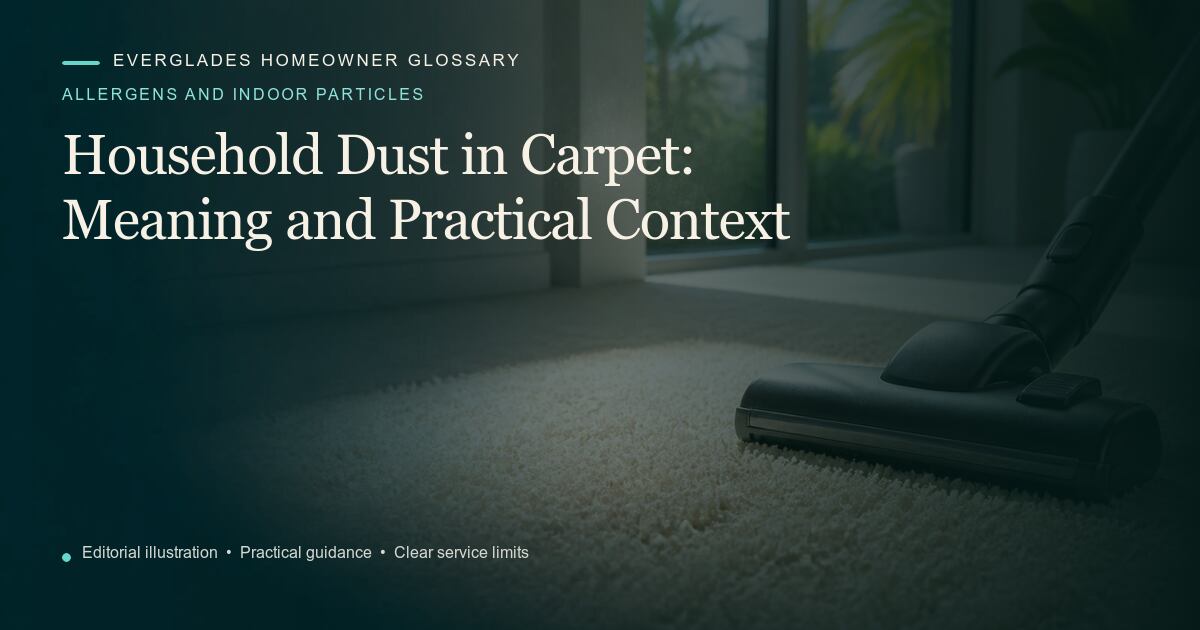 Editorial illustration for Household Dust in Carpet, part of the allergens and indoor particles glossary.