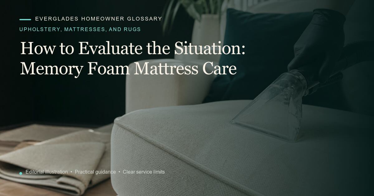 Editorial illustration for Memory Foam Mattress Care, part of the upholstery, mattresses, and rugs glossary.