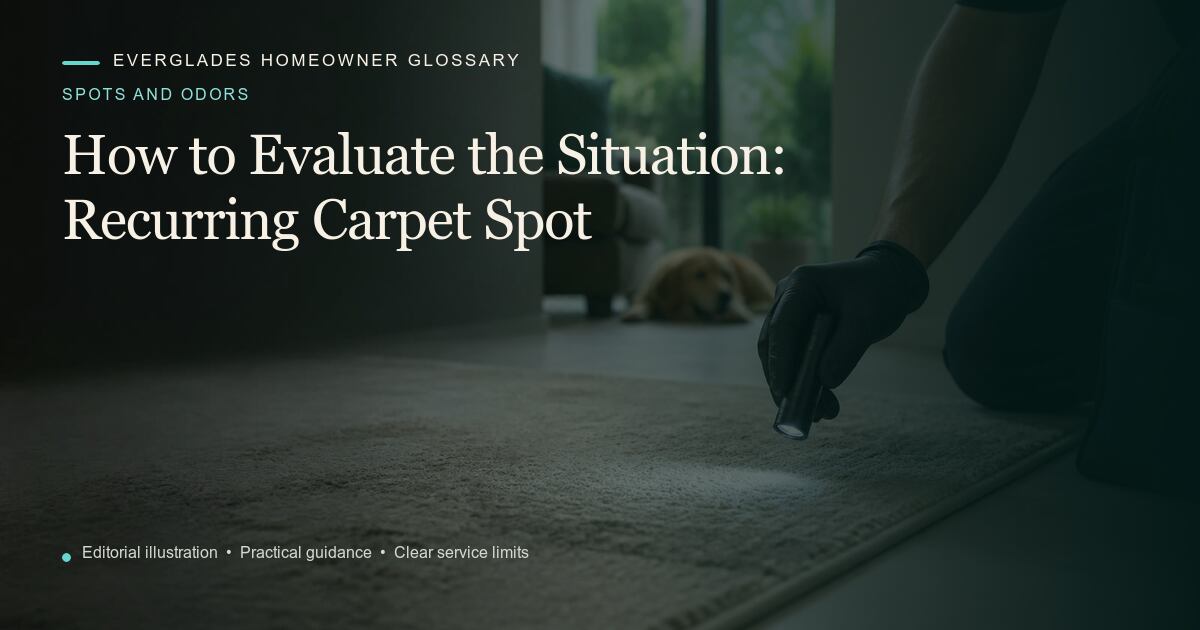 Editorial illustration for Recurring Carpet Spot, part of the spots and odors glossary.