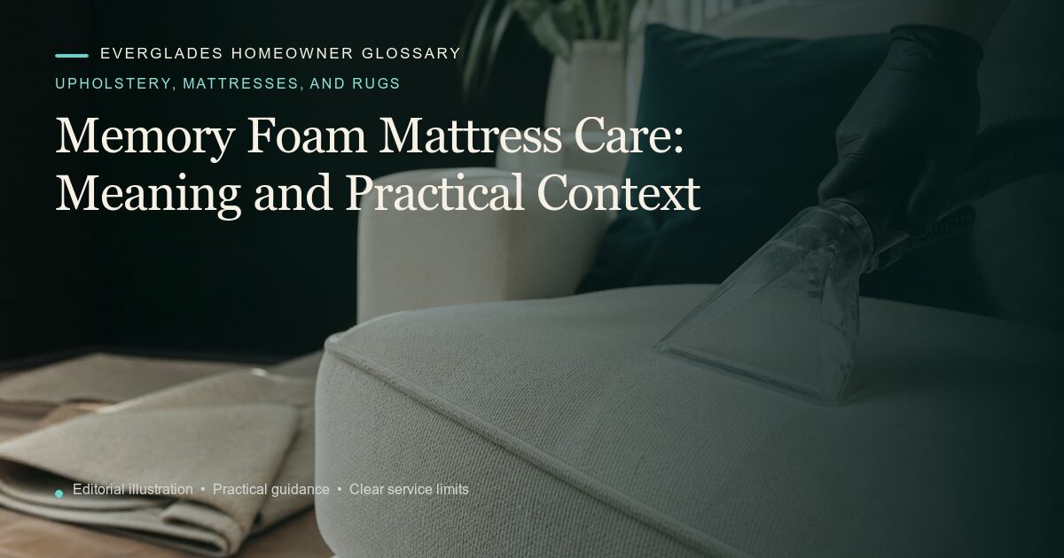 Editorial illustration for Memory Foam Mattress Care, part of the upholstery, mattresses, and rugs glossary.