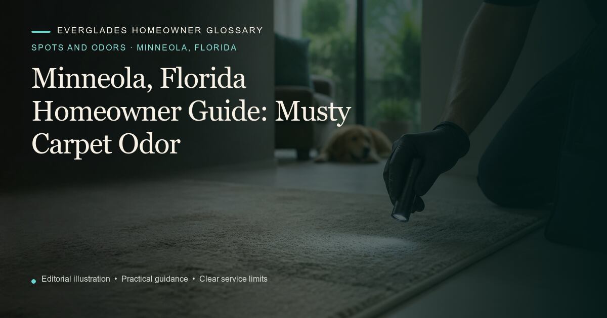 Editorial illustration for Musty Carpet Odor, part of the spots and odors glossary for homeowners in Minneola, Florida.