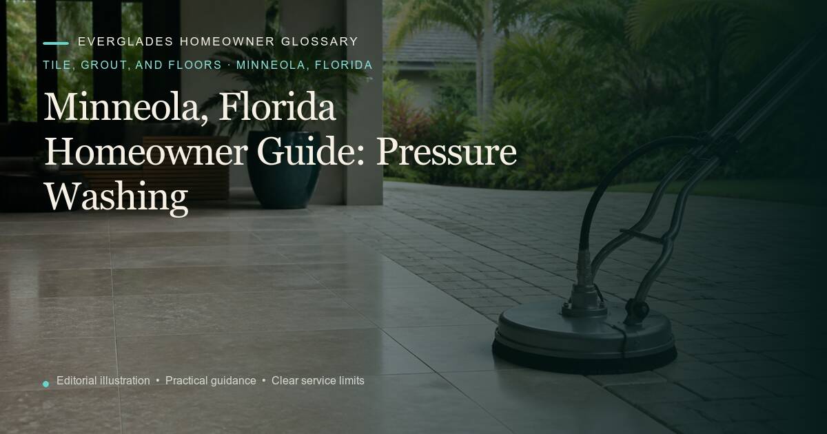Editorial illustration for Pressure Washing, part of the tile, grout, and floors glossary for homeowners in Minneola, Florida.
