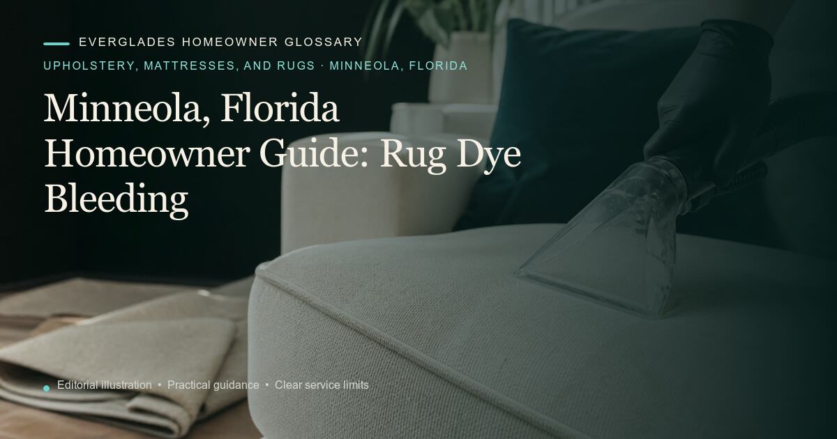 Editorial illustration for Rug Dye Bleeding, part of the upholstery, mattresses, and rugs glossary for homeowners in Minneola, Florida.