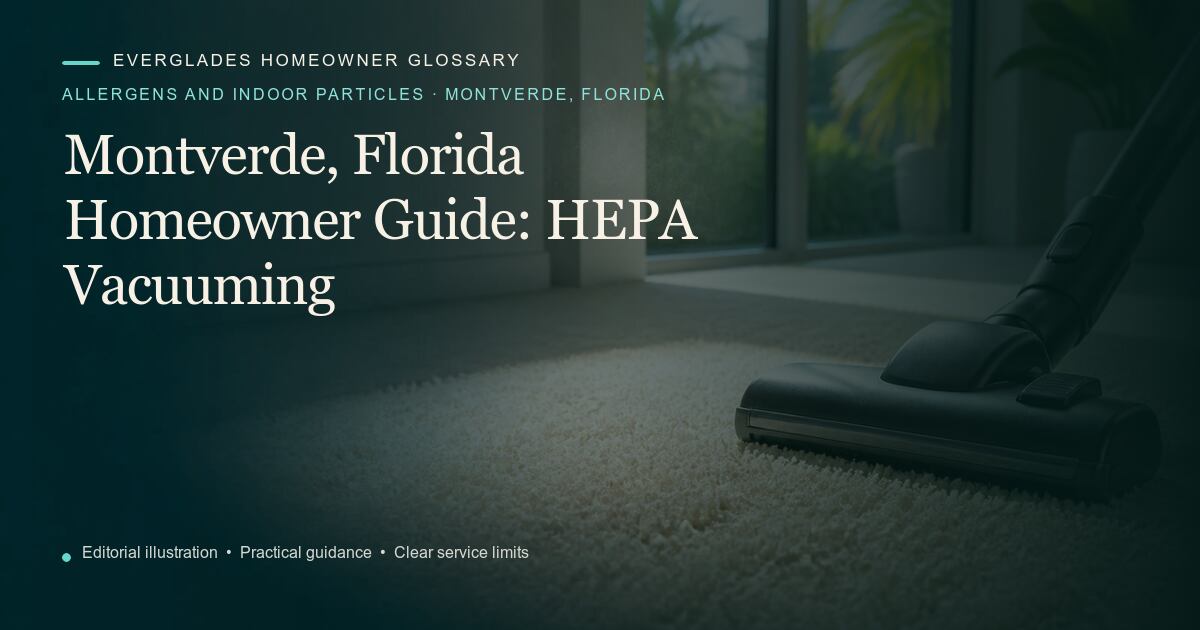 Editorial illustration for HEPA Vacuuming, part of the allergens and indoor particles glossary for homeowners in Montverde, Florida.