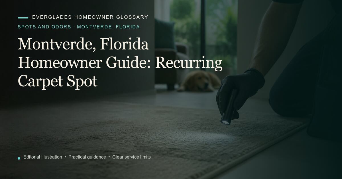 Editorial illustration for Recurring Carpet Spot, part of the spots and odors glossary for homeowners in Montverde, Florida.