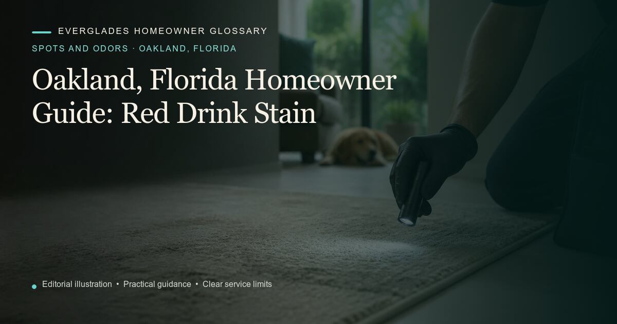 Editorial illustration for Red Drink Stain, part of the spots and odors glossary for homeowners in Oakland, Florida.