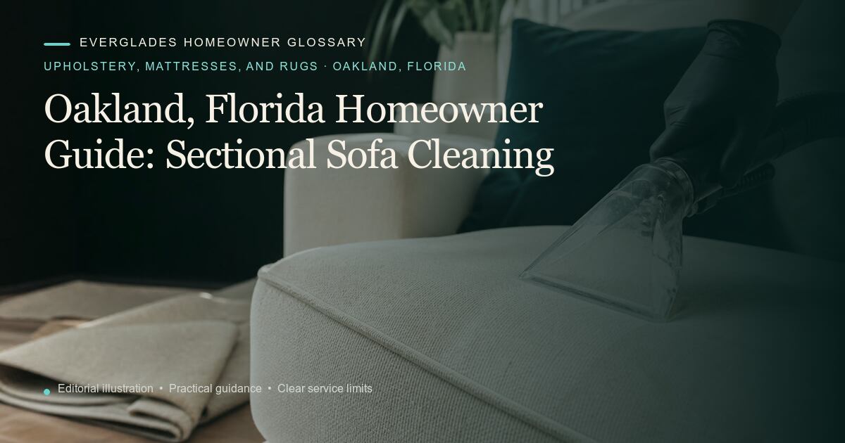Editorial illustration for Sectional Sofa Cleaning, part of the upholstery, mattresses, and rugs glossary for homeowners in Oakland, Florida.