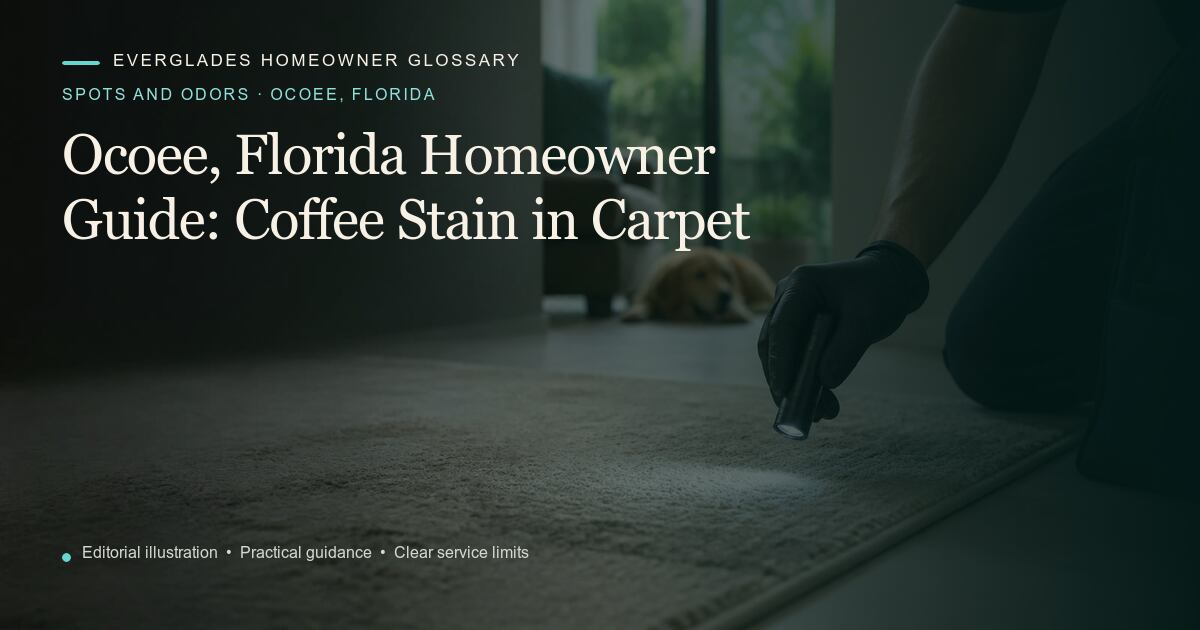 Editorial illustration for Coffee Stain in Carpet, part of the spots and odors glossary for homeowners in Ocoee, Florida.