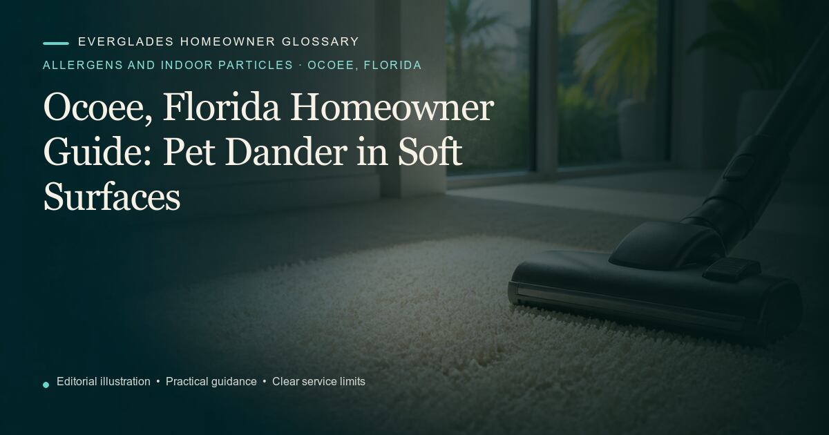 Editorial illustration for Pet Dander in Soft Surfaces, part of the allergens and indoor particles glossary for homeowners in Ocoee, Florida.