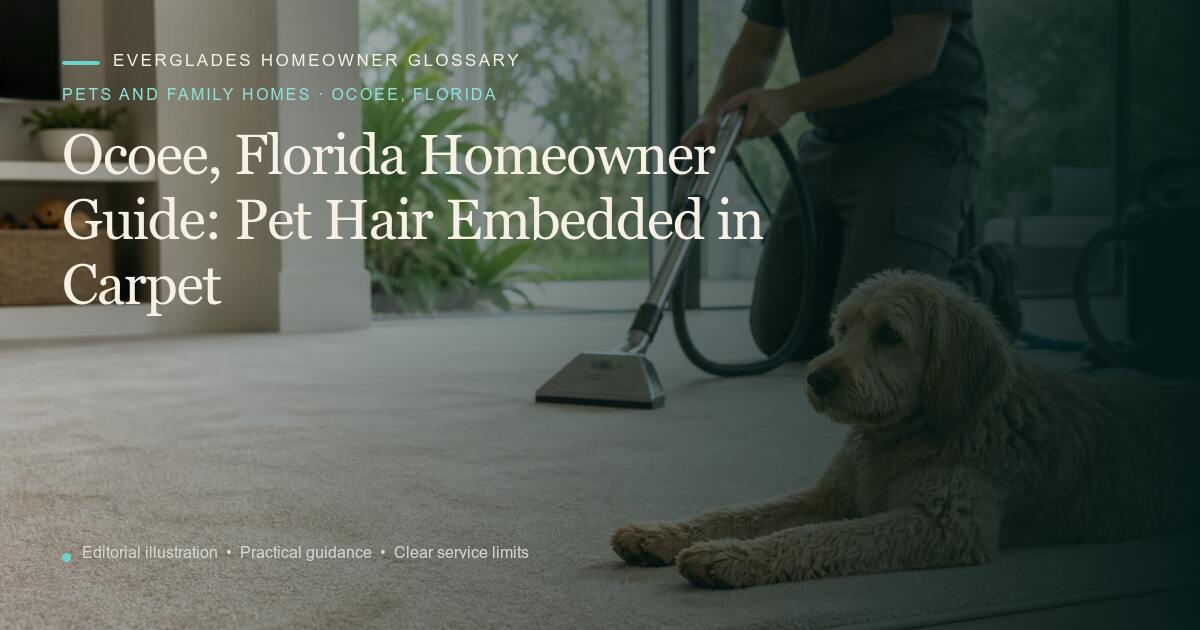Editorial illustration for Pet Hair Embedded in Carpet, part of the pets and family homes glossary for homeowners in Ocoee, Florida.