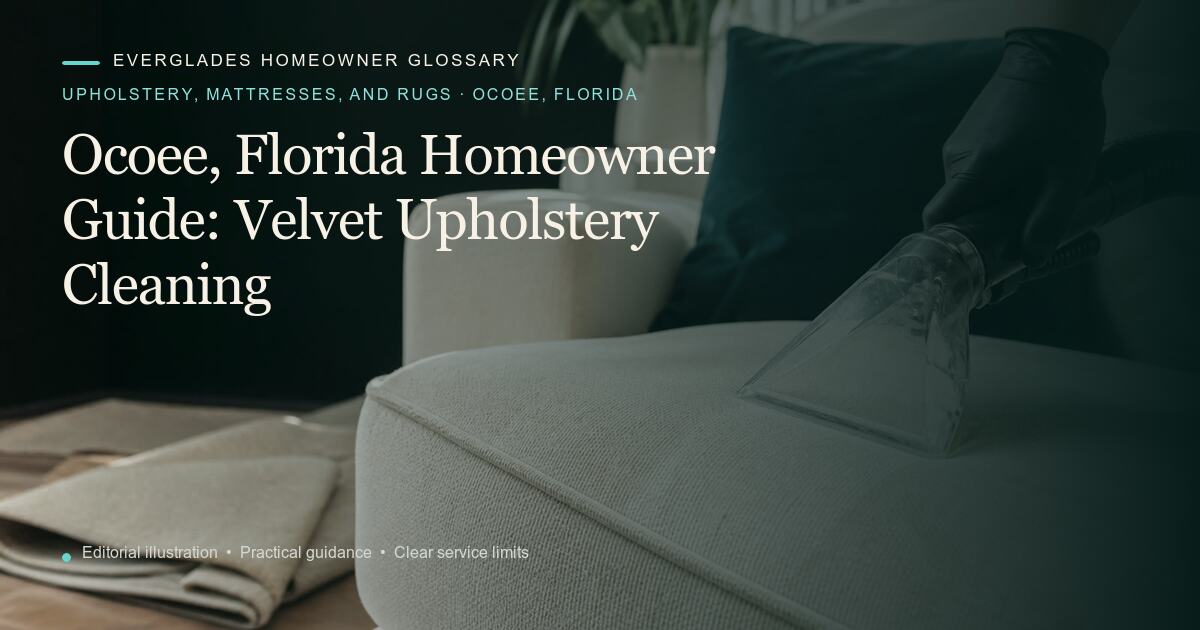 Editorial illustration for Velvet Upholstery Cleaning, part of the upholstery, mattresses, and rugs glossary for homeowners in Ocoee, Florida.