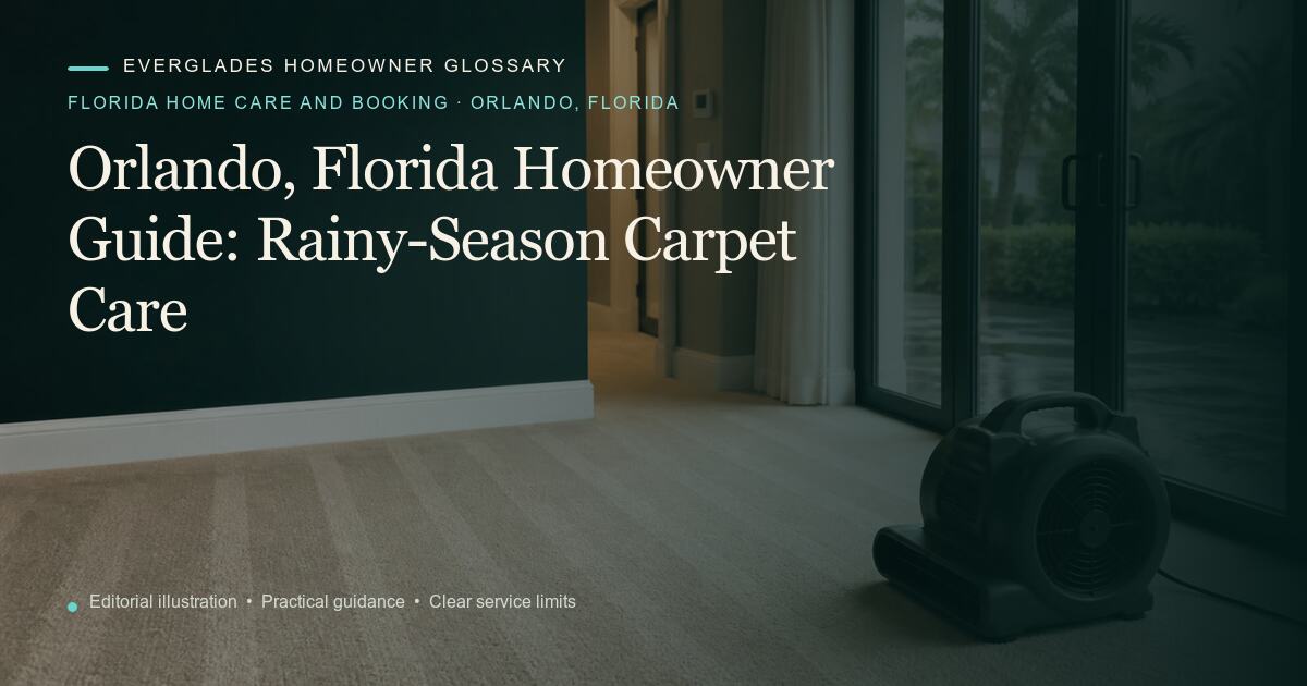 Editorial illustration for Rainy-Season Carpet Care, part of the florida home care and booking glossary for homeowners in Orlando, Florida.