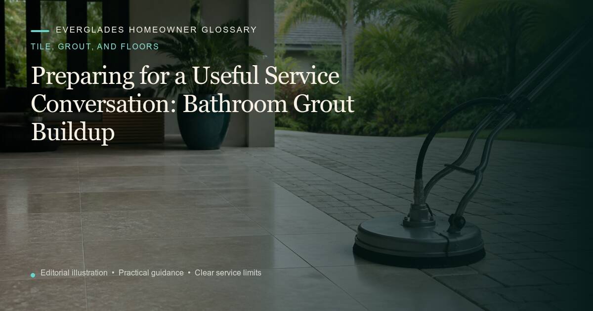 Editorial illustration for Bathroom Grout Buildup, part of the tile, grout, and floors glossary.