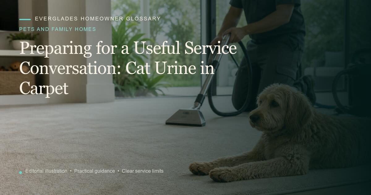 Editorial illustration for Cat Urine in Carpet, part of the pets and family homes glossary.
