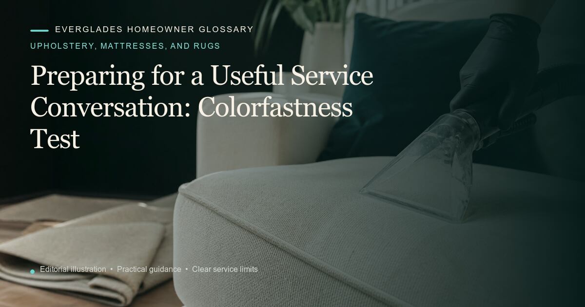 Editorial illustration for Colorfastness Test, part of the upholstery, mattresses, and rugs glossary.